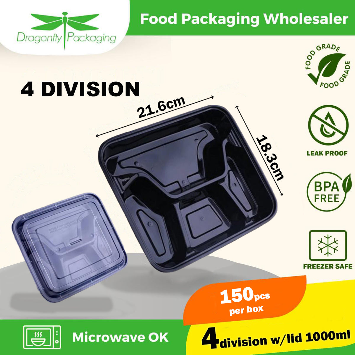 4 compartment dispposable bento box - CON-TF-SQ4CA-BL-SET - Microwaveable  PP Containers, SKP — Celebrating with you