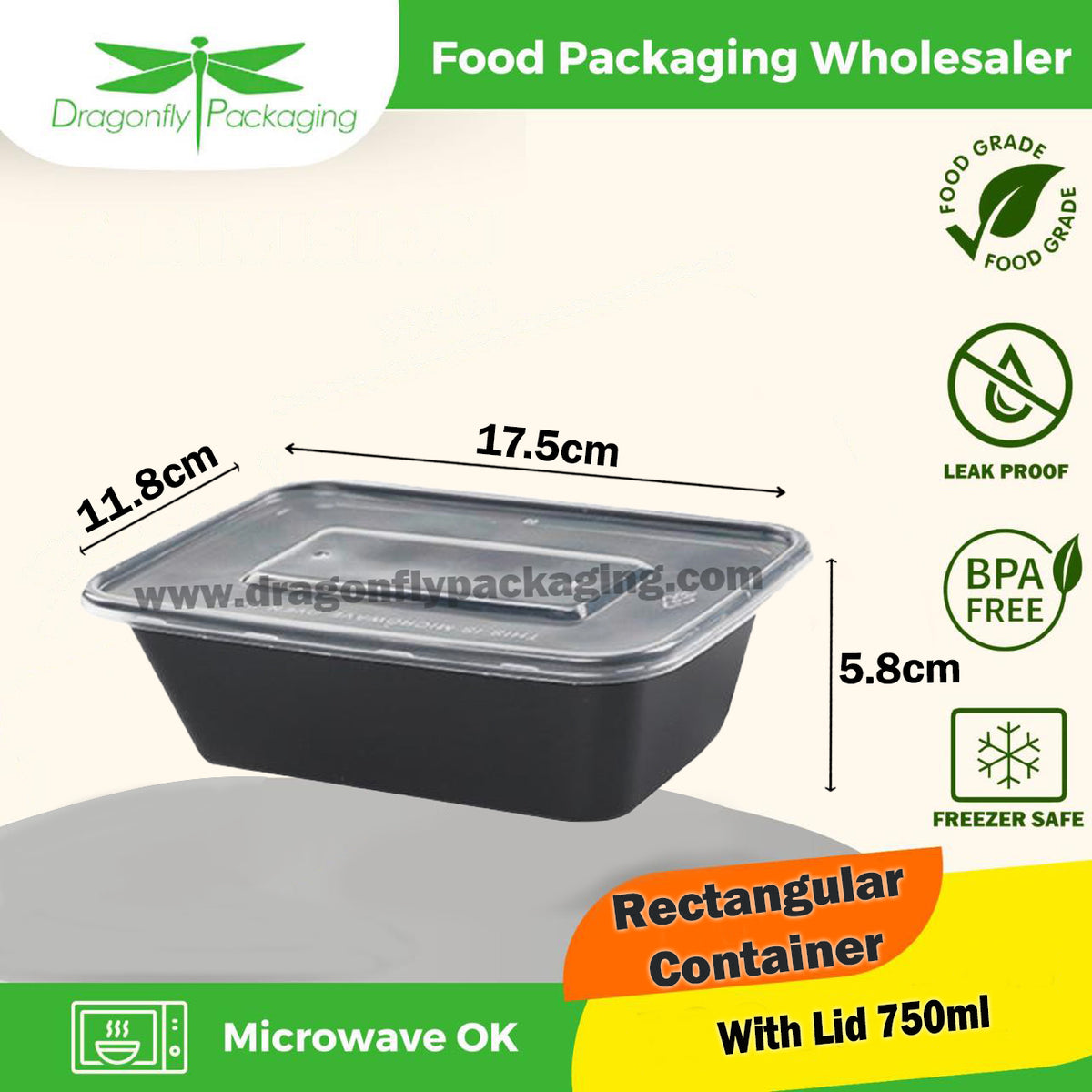 Kraft & Plastic F7516B 16 oz Microwave Safe Plastic Food Containers,  Rectangular, Black / Clear – 150 / Case