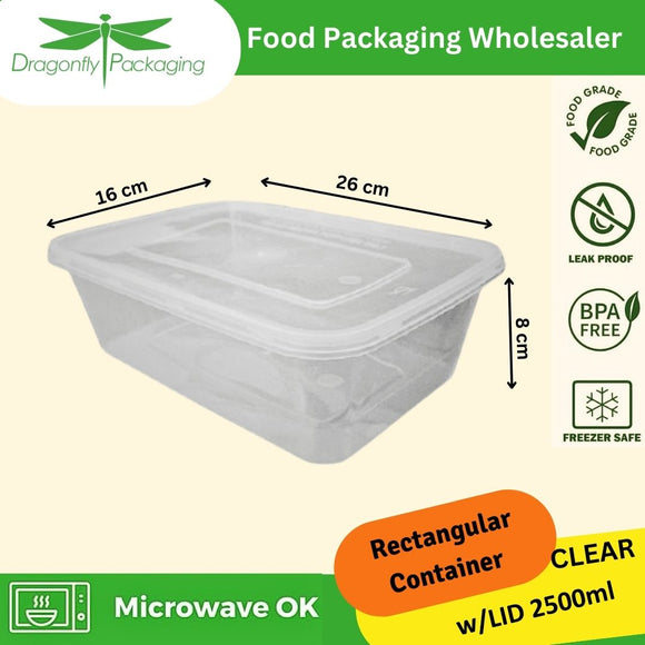 2500ml Clear Premium Rectangle Microwavable Container with Lid 150pcs per Carton