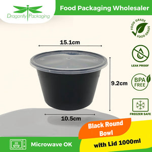 1000ml Black Round Microwavable Container with Lid 300pcs per Carton