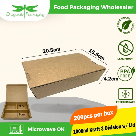 1000ml Kraft Paper Takeout Box 3 Division 200pcs per Carton