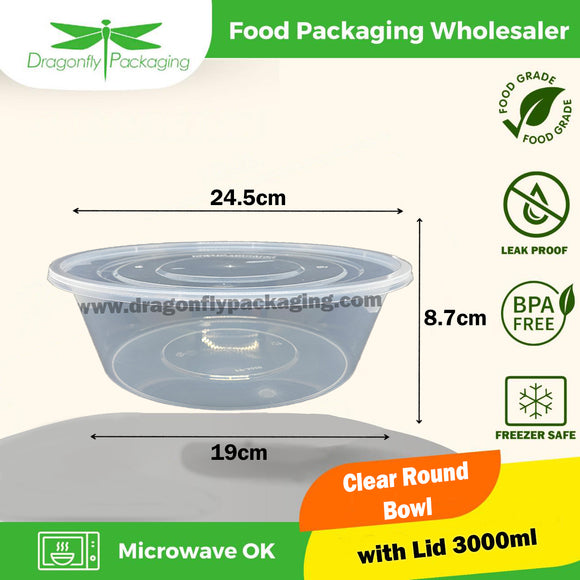 3000ml Clear Round Microwavable Container with Lid 90pcs per Carton