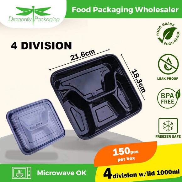 1000ml Black 4 Division Microwavable Bento Box with Lid 150pcs per Carton
