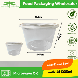 1000ml Clear Round Microwavable Container with Lid 300pcs per Carton