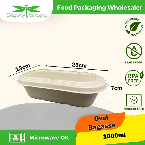 1000ml Sugarcane Bagasse Oval Food Box with Lid 500 pcs per Carton