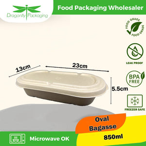 850ml Sugarcane Bagasse Oval Food Box with Lid 500 pcs per Carton