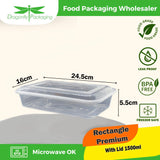 1500ml CLEAR Premium Rectangle Microwavable Container with Lid 150pcs per Carton