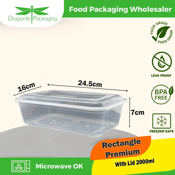 2000ml CLEAR Premium Rectangle Microwavable Container with Lid 150pcs per Carton