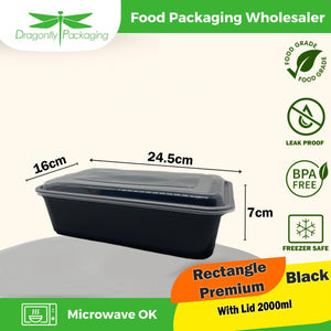 2000ml BLACK Premium Rectangle Microwavable Container with Lid 150pcs per Carton