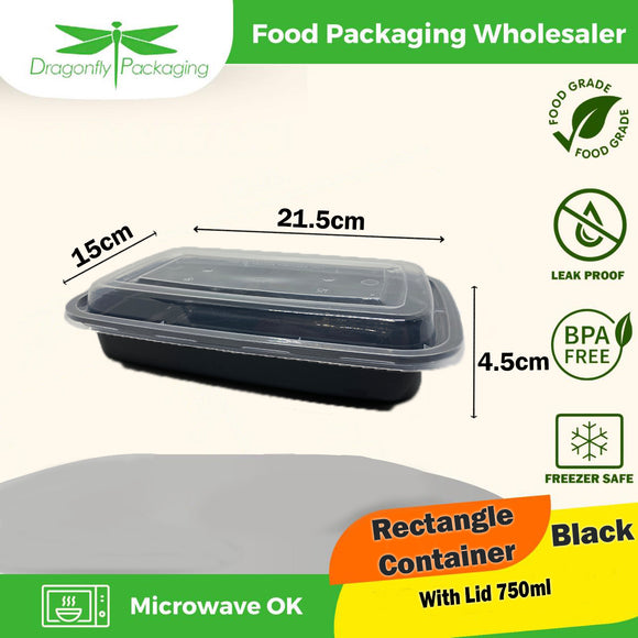 750ml Black Premium Rectangle Microwavable Container with Lid 150pcs per Carton