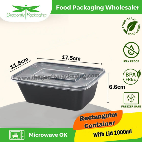 1000ml Black Rectangle Microwavable Container with Lid 300pcs per Carton