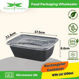 1000ml Black Rectangle Microwavable Container with Lid 300pcs per Carton