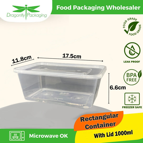 1000ml Clear Rectangle Microwavable Container with Lid 300pcs per Cart –  Dragonfly Packaging