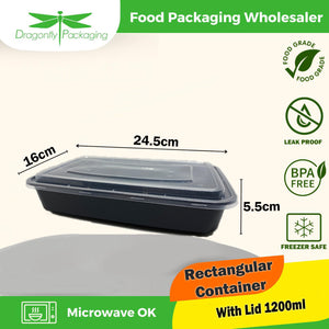 1200ml Black Premium Rectangle Microwavable Container with Lid 120pcs per Carton