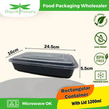 1200ml Black Premium Rectangle Microwavable Container with Lid 120pcs per Carton