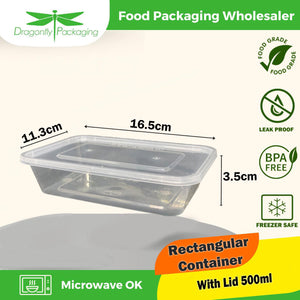 500ml Clear Rectangle Microwavable Container with Lid 300pcs per Carton