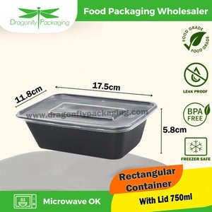 750ml Black Rectangle Microwavable Container with Lid 300pcs per Carton