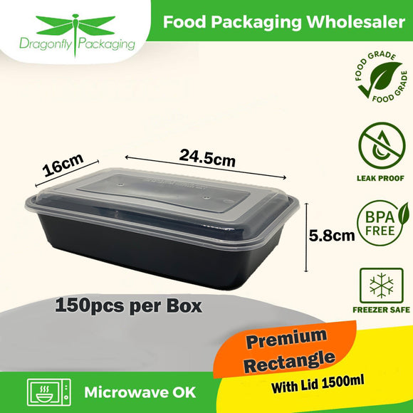 1500ml Black Premium Rectangle Microwavable Container with Lid 150pcs per Carton