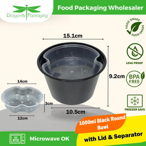 1000ml Black Round Microwavable Container with Lid and Separator 300pcs per Carton