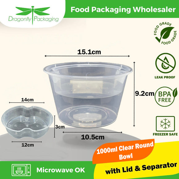1000ml Clear Round Microwavable Container with Lid and Separator 300pcs per Carton