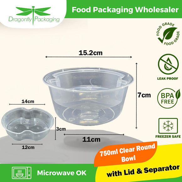 750ml Clear Ramen Bowl with Lid and Separator 300pcs per Carton